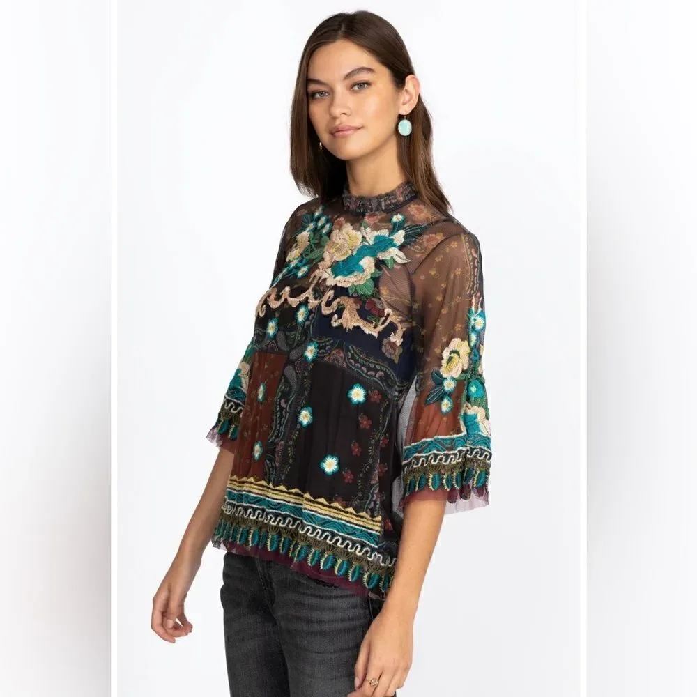 Johnny Was Renley Black Brown Blouse Sheer Mesh Floral Embroidered Size  XS